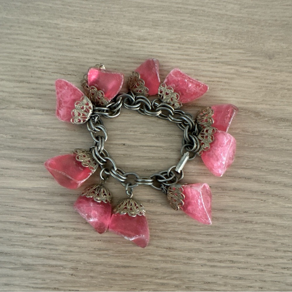 Chunky Vintage Dangle Charm Bracelet Pink  6" Long